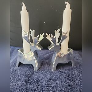 Cast Aluminum Reindeer Candle Holders x 2 Taper Scandinavian Christmas 5" Tall
